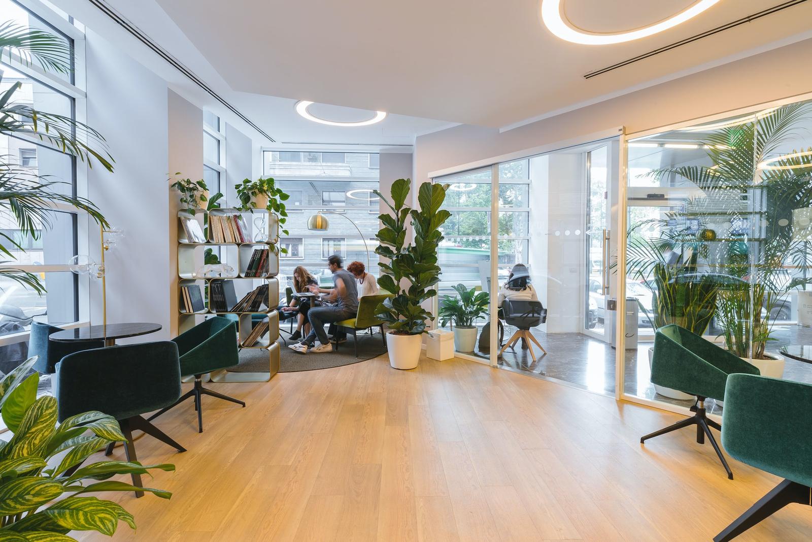 Modernes Büro mit viel Tageslicht, Pflanzen und offenen Arbeitsplätzen