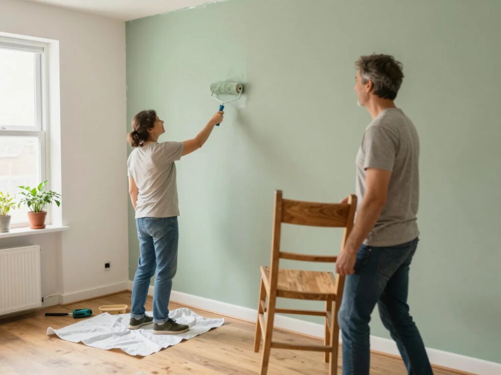 Zwei Menschen streichen eine Wand und tragen Möbel – Veränderung praktisch umsetzen